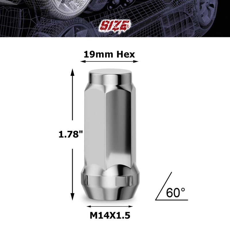 Richeer 24 قطعة صمولة عجلات M14x1.5 لسيارات سيلفرادو، سوبربان، سييرا 1500، تاهو، يوكون، إسكاليد ESV، صمولة مغلقة بقطر 1.78 بوصة، صمولة كروية من الكروم، بديل لصمولة العجلات ذات 19 مم سداسية، قطعة واحدة - Image 2
